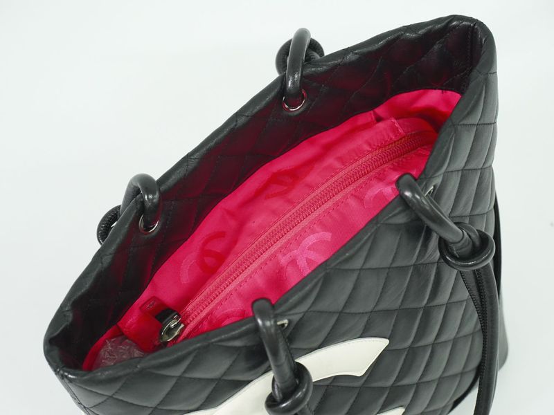 Authentic Chanel Coco Mark Cambon Line Tote Handbag Leather Black White Cambon