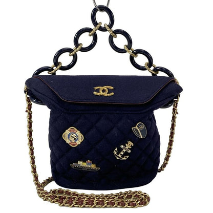 Chanel Shoulder Bag Matelasse Navy Marine Charm / Vintage Gold Hardware /