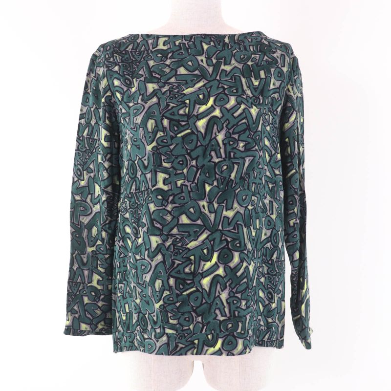 Louis Vuitton Graffiti Logo Long Sleeve Blouse Top Green 36 Made In France