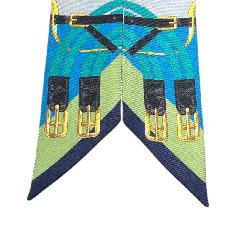 Em0662 Hermes Twilly Women's Silk Scarf Green Navy and Gold