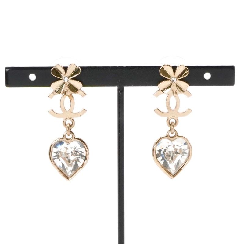 Chanel Earrings Earring Gold Coco Mark Rhinestone Clover Heart
