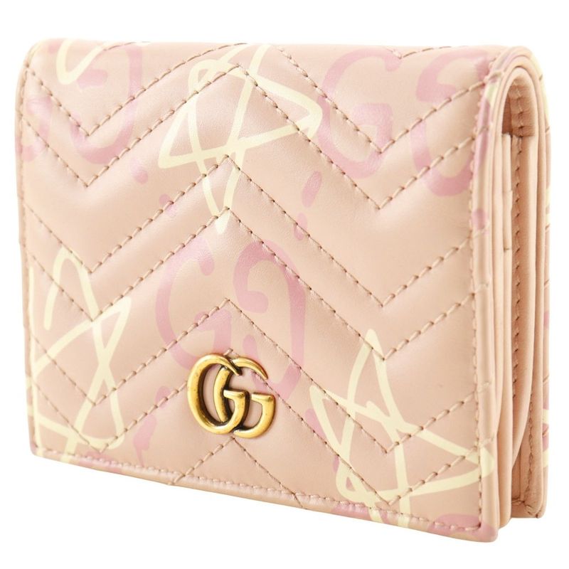 Gucci Compact Wallet GG Ghost Card Case 449421 Leather Pink Women's Bifold