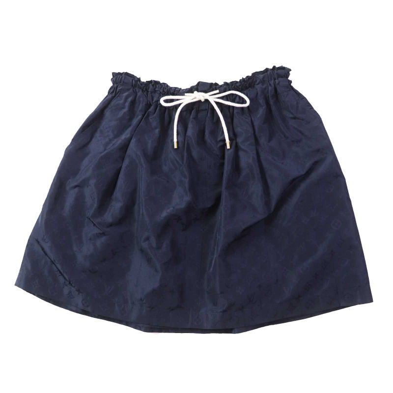 Louis Vuitton 2022 Silk-blend All Monogram Pattern Flared Skirt Navy 34 Made