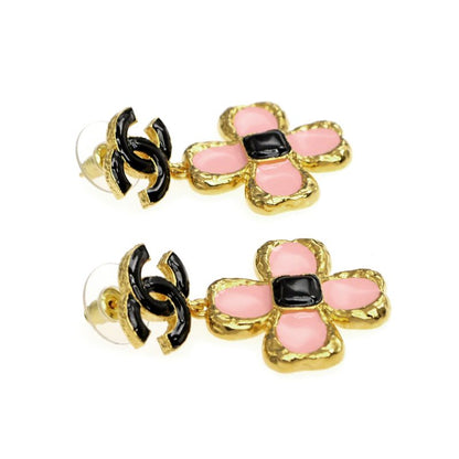 Chanel Flower Motif Earrings Pair Abc244 Pink Black Gold Color Accessori