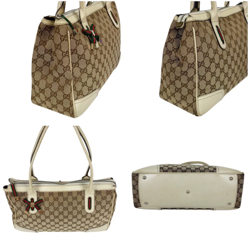 Gucci Tote Bag Brown Beige Ivory GG Canvas Sherry Line Ribbon
