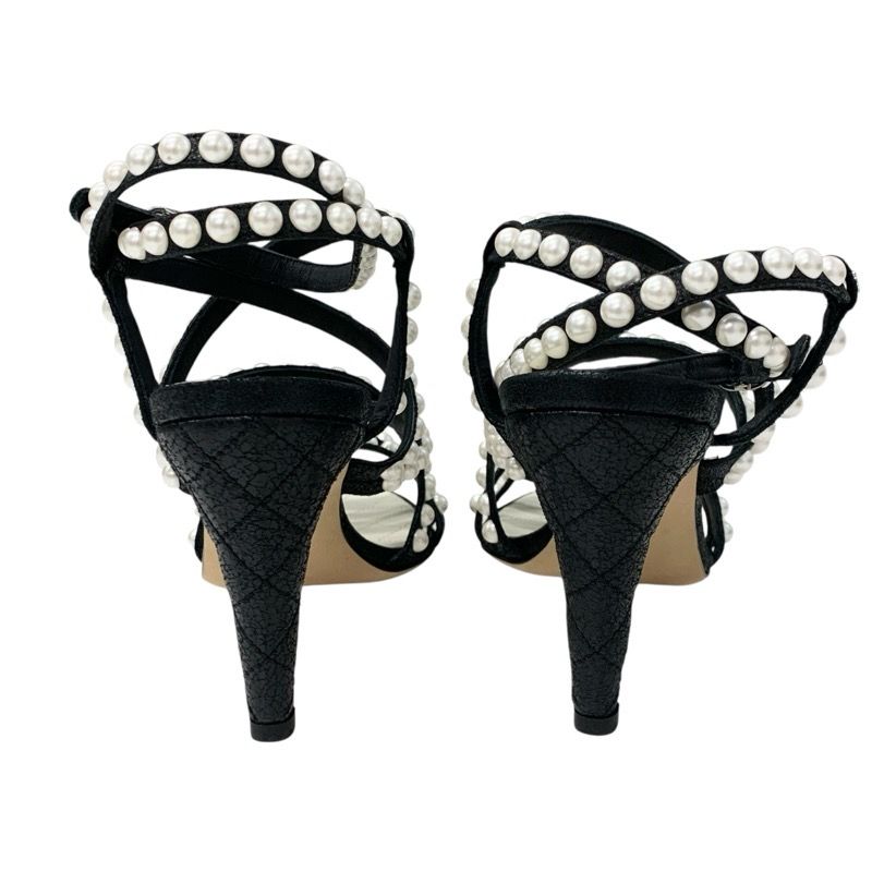 Chanel Sandals Shoes Leather Black White Coco Mark Pearl Matelasse Strap