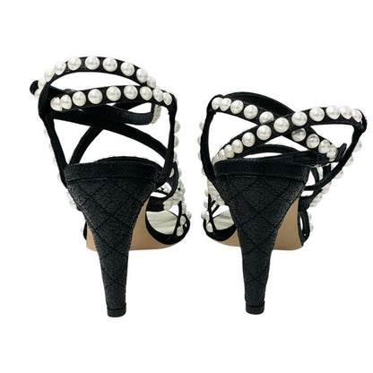 Chanel Sandals Shoes Leather Black White Coco Mark Pearl Matelasse Strap