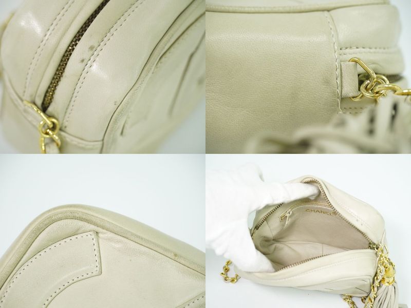 Authentic Chanel Deca Coco Mark Tassel Shoulder Bag Pochette Lambskin Leather