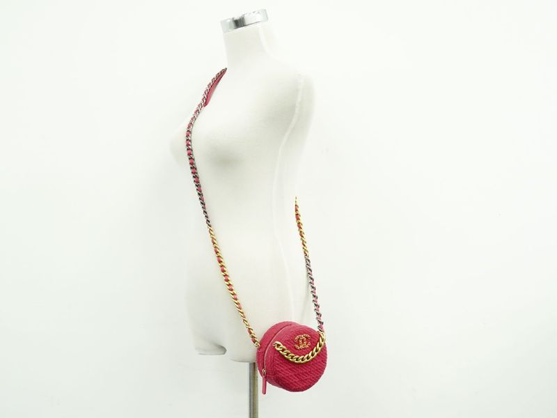 Authentic Chanel 19 Coco Mark Chain Mini Shoulder Bag Pochette Tweed Pink Coco