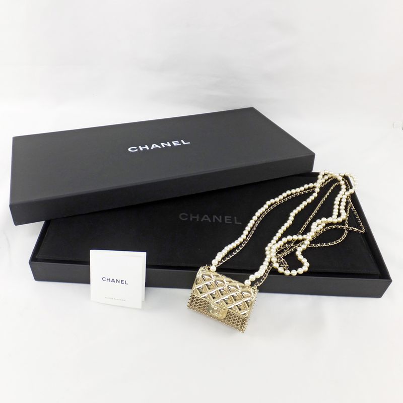 Chanel Necklace Mini Matelasse Bag Motif Coco Mark Fake Pearl Gold