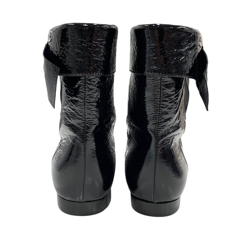 Chanel Boots Short Boots Shoes Patent Black Here Mark Wrinkled Side Gore Ribbon