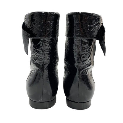Chanel Boots Short Boots Shoes Patent Black Here Mark Wrinkled Side Gore Ribbon