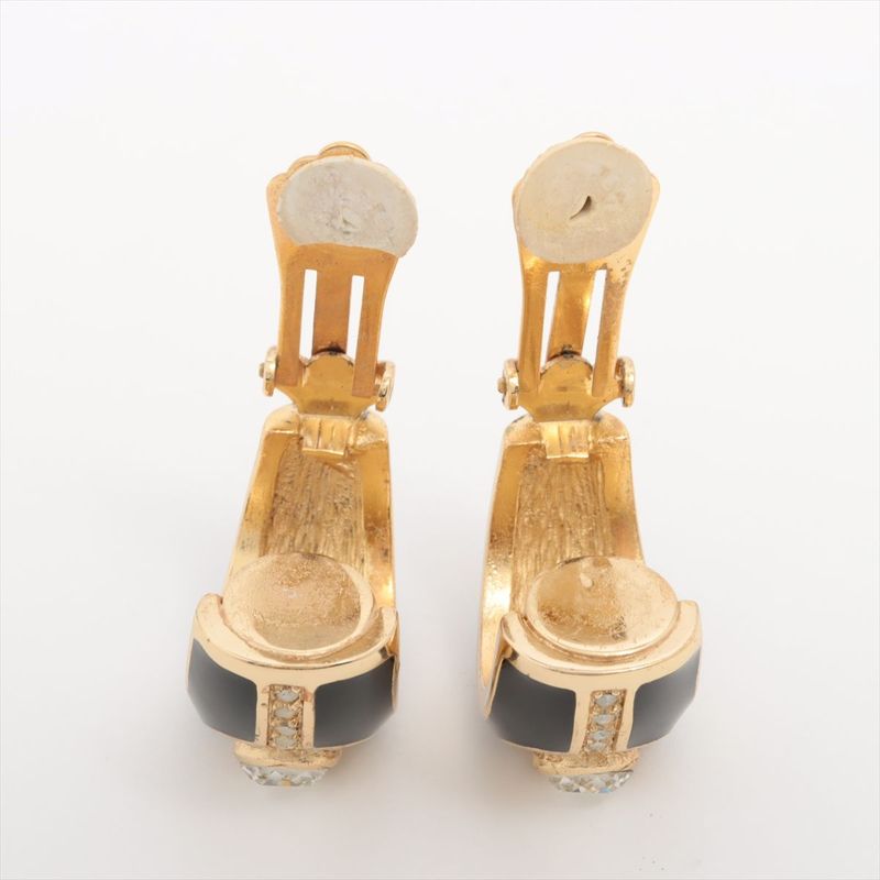 Christian DIOR Onyx Motif Earrings GP With Rhinestones Black And Gold