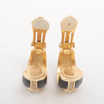 Christian DIOR Onyx Motif Earrings GP With Rhinestones Black And Gold
