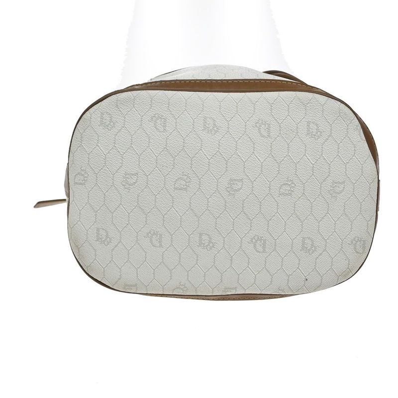 Christian DIOR Shoulder Bag Macadam Drawstring White Brown Leather Vintage