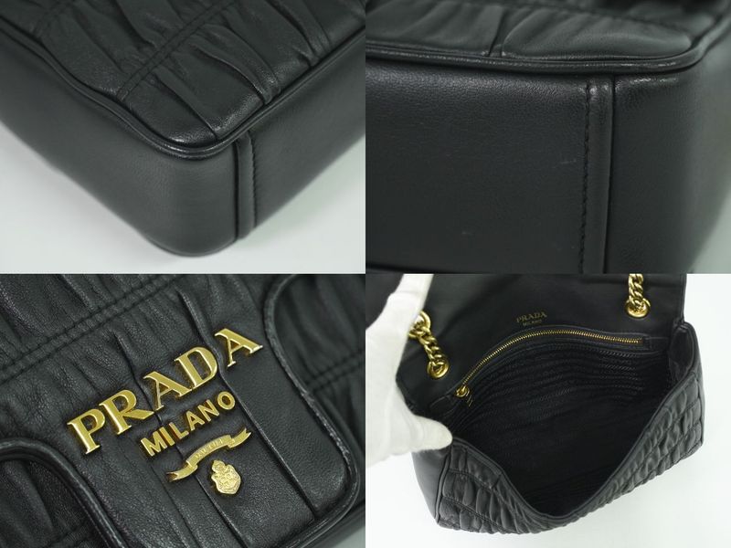 Authentic Prada Nappa Gaufre Chain Shoulder Bag Pochette Leather Black Nappa