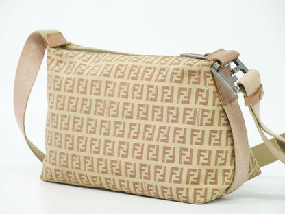 Authentic Fendi Zucchino Shoulder Bag Pochette Canvas Beige Pink 8br319