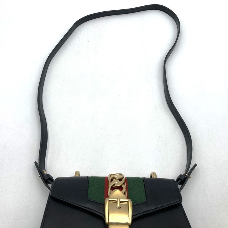 Gucci 470270 Sylvie Shoulder Bag Sherry Line Chain Leather Black Women