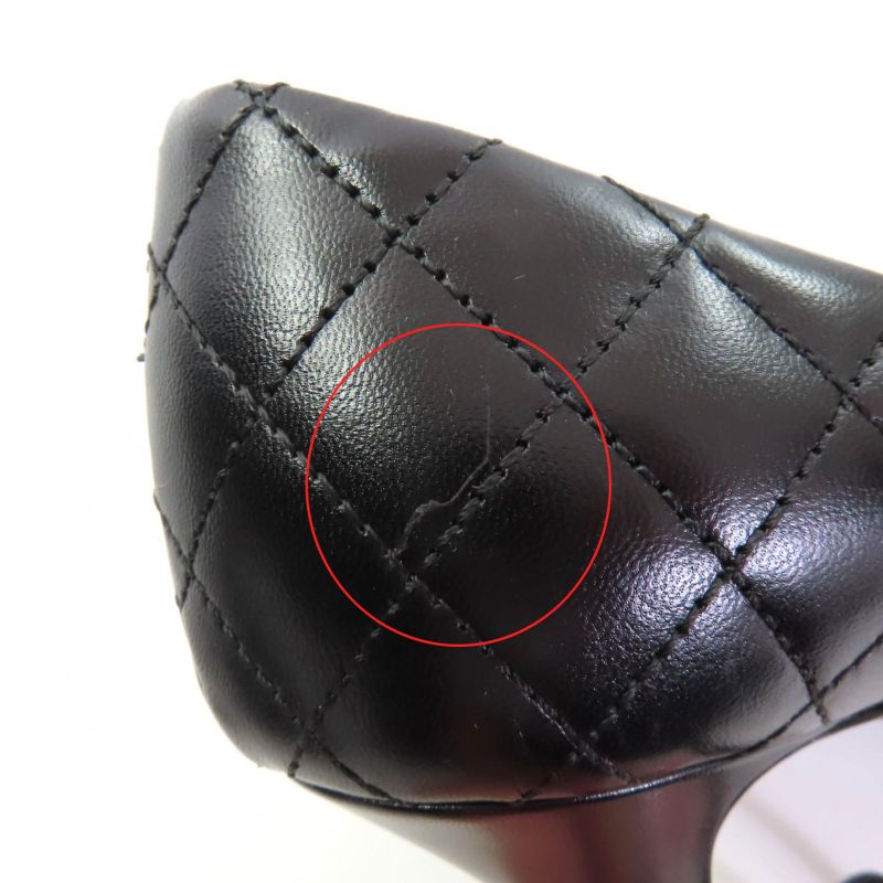 CHANEL G29111 Perforated Coco Mark Matelasse Almond Toe Leather Pumps Black