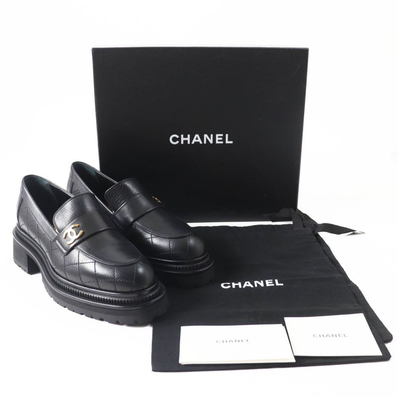 CHANEL 23A G45074 Matelasse Coco Mark Leather Loafers Black Gold Hardware 39.5