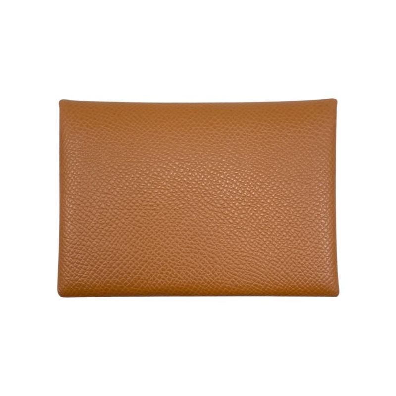 Hermes Card Case Coin Case Calvi Duo Engraved B Gold Brown Silver Hardware