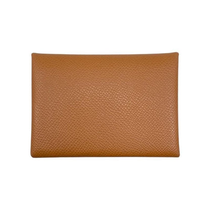 Hermes Card Case Coin Case Calvi Duo Engraved B Gold Brown Silver Hardware