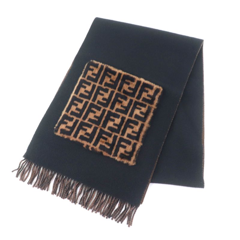 Fendi Fxt252 Cashmere Blend Zucca Pattern Fringe Scarf With Fur Pocket Stole