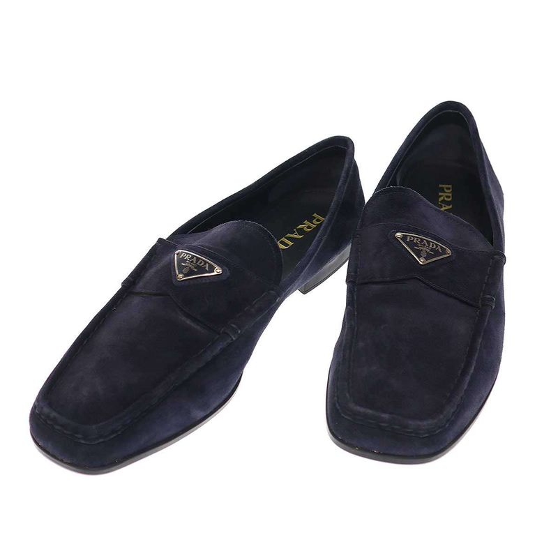 Prada Logo Plate Suede Leather Square Toe Loafer Shoes 2dc226 Navy 10