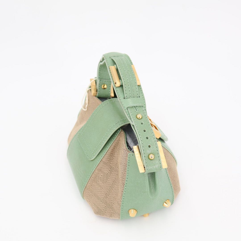 Fendi Beige Green Zucca Canvas Leather Baguette Shoulder Bag
