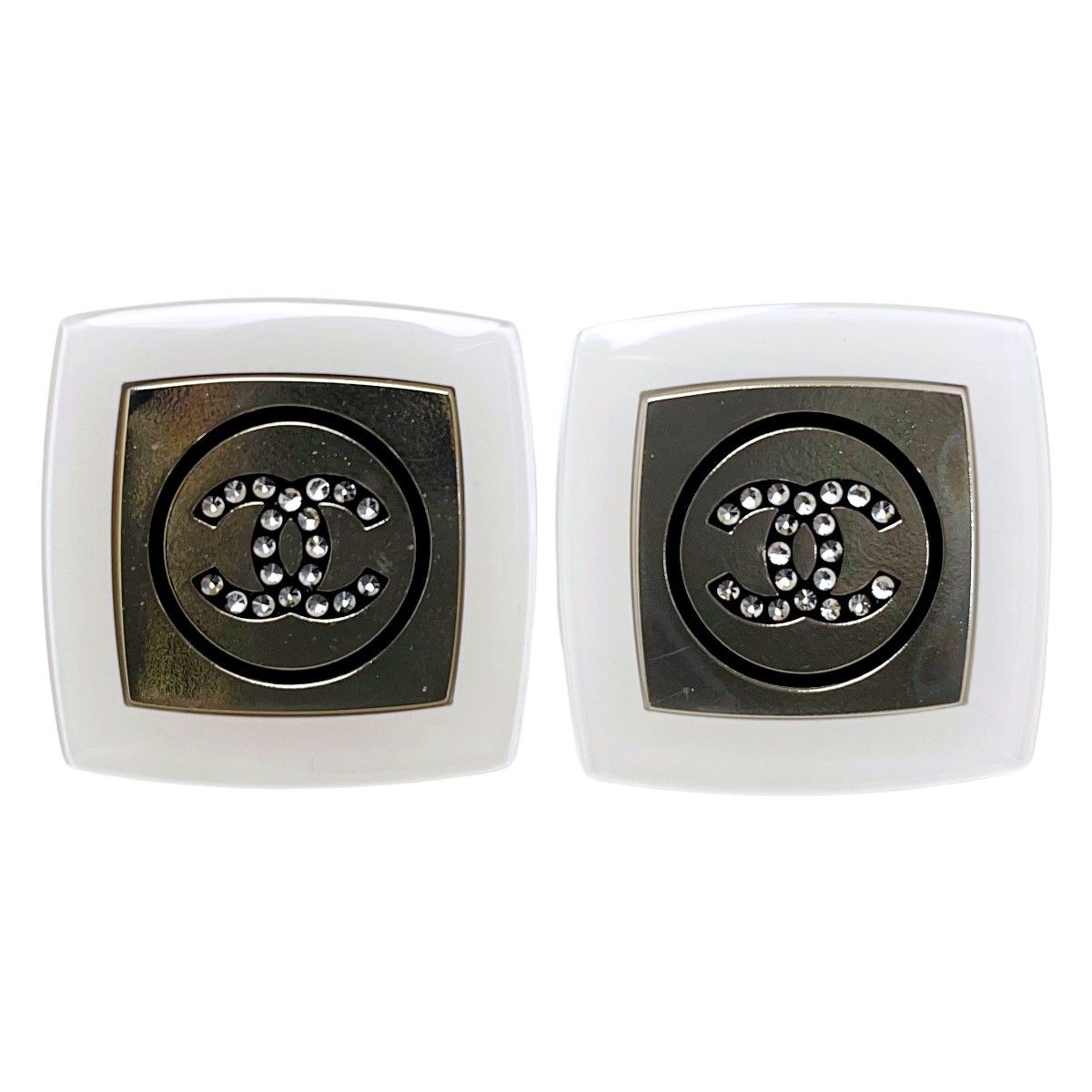 Chanel Resin X Rhinestone White X Gold Accessories Earrings Ladies