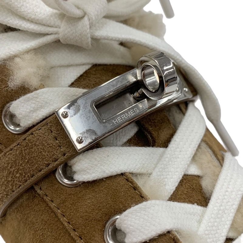 Hermes Day Sneakers Shoes Kelly Hardware Suede Mouton Boa Brown