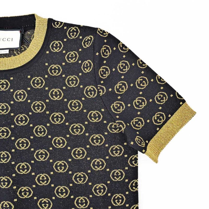 Gucci Short Sleeve Knit GG Pattern M Size 554595 Black Gold Lamé