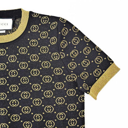 Gucci Short Sleeve Knit GG Pattern M Size 554595 Black Gold Lamé