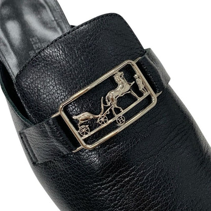 Hermes Vincennes Sandals Shoes Leather Black Silver Mule Carriage Hardware