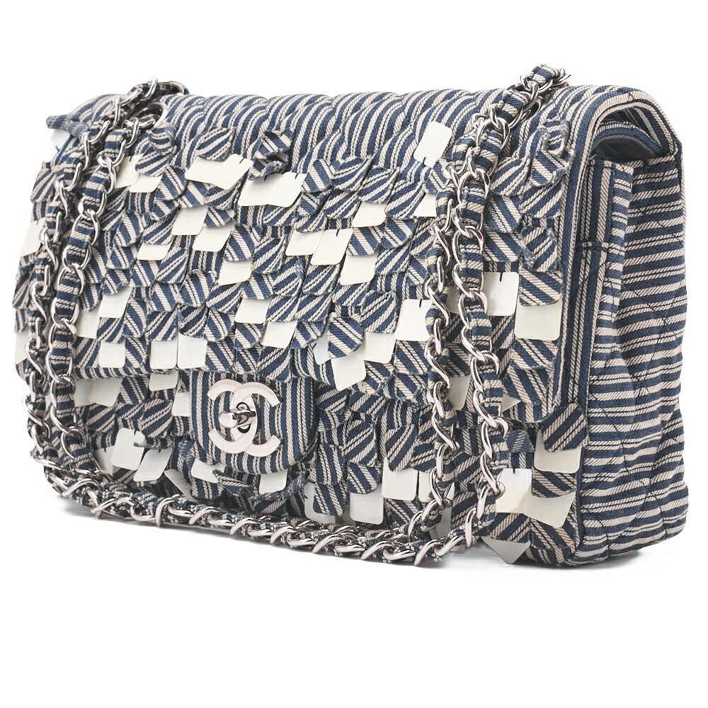 Chanel Shoulder Bag Matelasse Double Flap Stripe Chain Shoulder Cotton Navy And