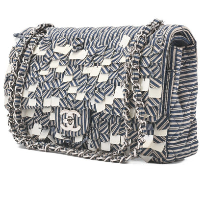 Chanel Shoulder Bag Matelasse Double Flap Stripe Chain Shoulder Cotton Navy And