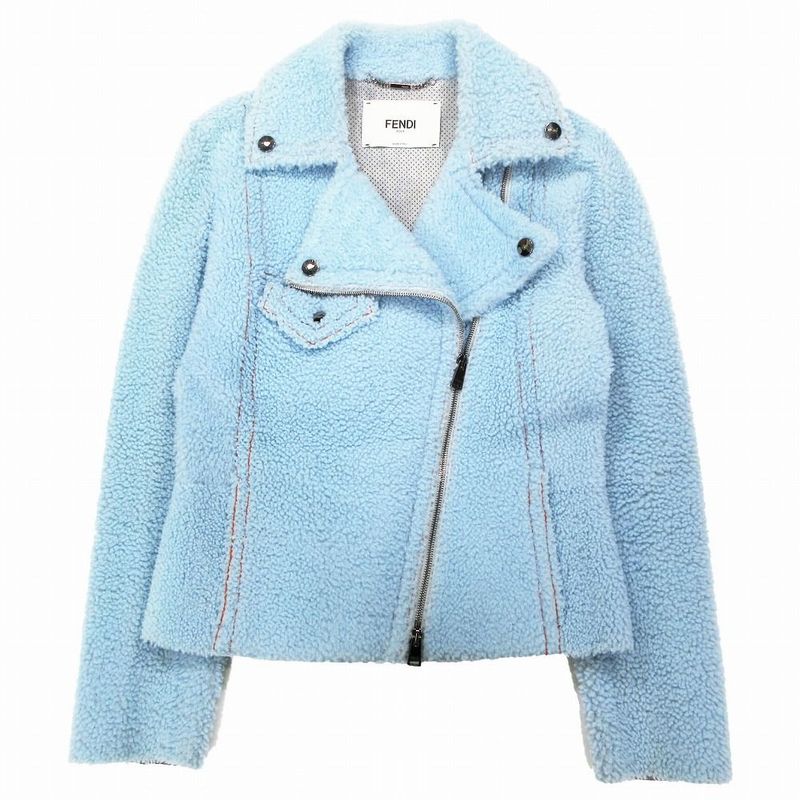 Fendi Lamb Mouton Double Riders Jacket Short Length Light Blue Size 40 Ap12-15-4