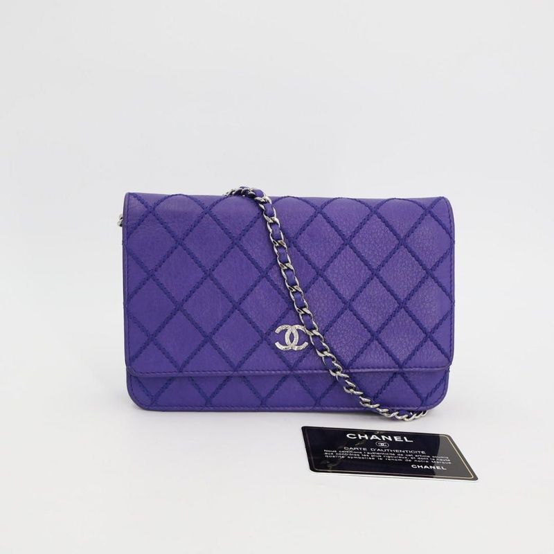 Chanel Chain Wallet Shoulder Bag Women Leather Blue
