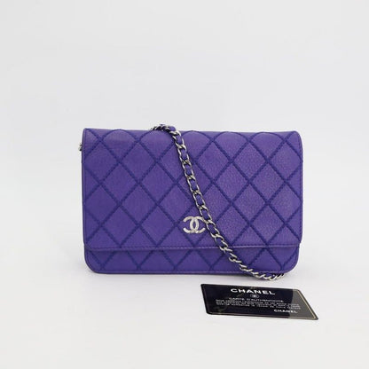 Chanel Chain Wallet Shoulder Bag Women Leather Blue