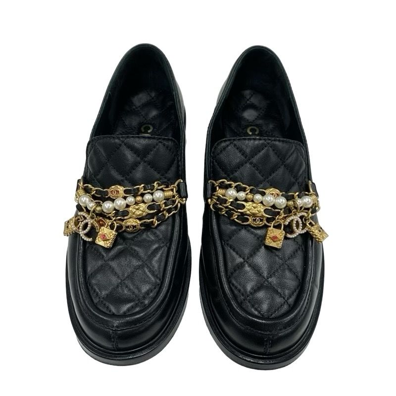 Chanel Loafer Leather Shoes Leather Black Gold Here Mark Chain Matelasse Pearl