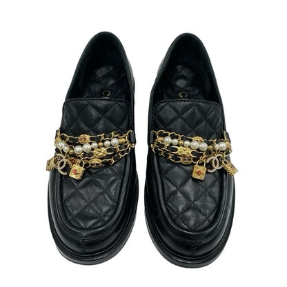 Chanel Loafer Leather Shoes Leather Black Gold Here Mark Chain Matelasse Pearl