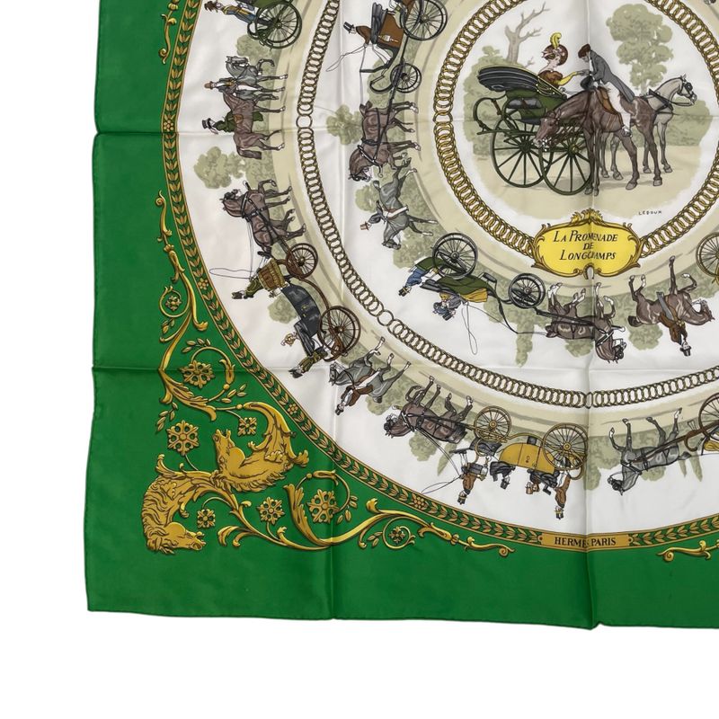Hermes Scarf Silk Carre 90 LA Promenade DE Longchamps Walk To Ron Chien Green