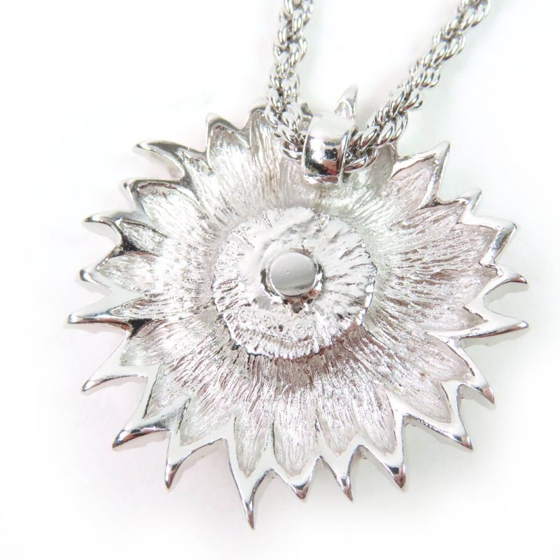 Christian DIOR Vintage Flower Design Pendant Necklace With Rhinestones Silver
