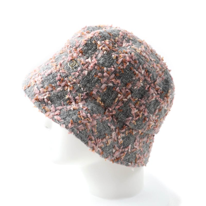 CHANEL Alpaca Blend Ribbon Tweed Bucket Hat With Coco Mark Hardware Gray Pink M