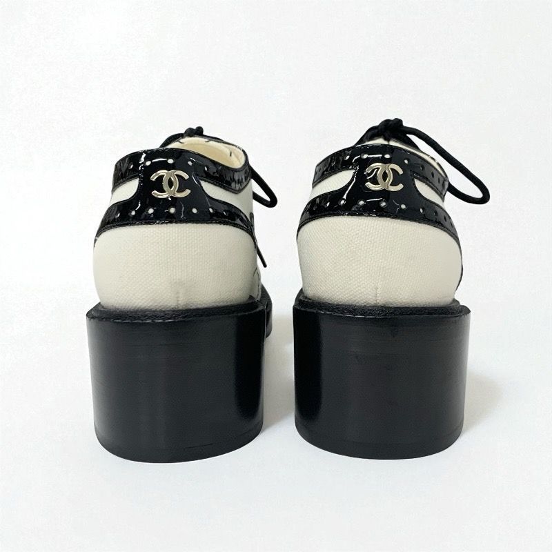 Chanel Loafers Leather Shoes Patent Fabric White Black Here Mark Lace Up Shoes