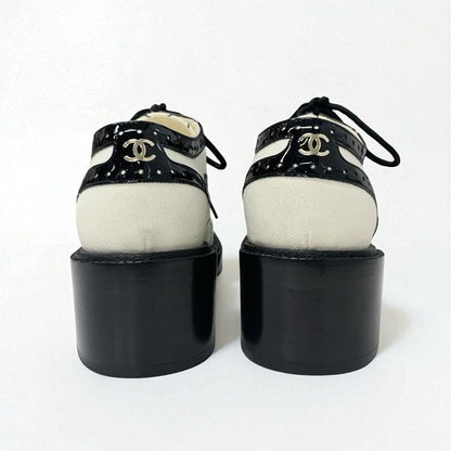 Chanel Loafers Leather Shoes Patent Fabric White Black Here Mark Lace Up Shoes