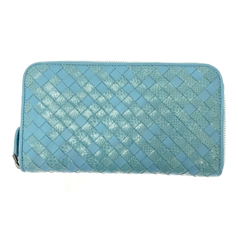 Bottega Veneta Leather Intrecciato Round Zip Wallet Blue 371637 Long Wallet