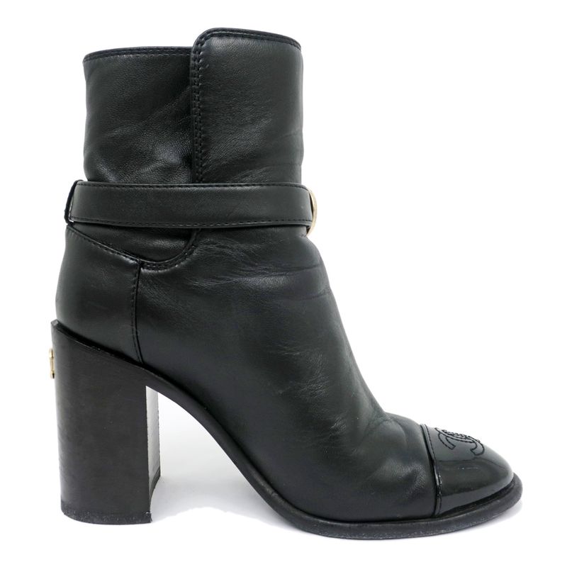 Chanel Ankle Boots 34 1 2C Black G38064 Leather Patent CC Mark Shoes