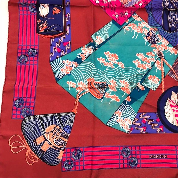 Hermes Carre 90 Scarf Silk 100% Kimono and Inro Red