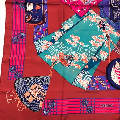 Hermes Carre 90 Scarf Silk 100% Kimono and Inro Red